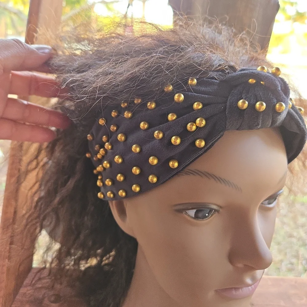 Black top knot wide chunky headband dotted with gold studs Y2K